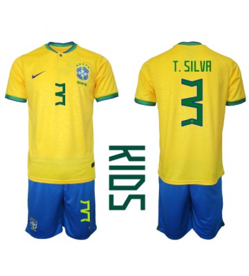 Brasilien Thiago Silva #3 Hemmaställ Barn VM 2022 Kortärmad (+ Korta byxor)